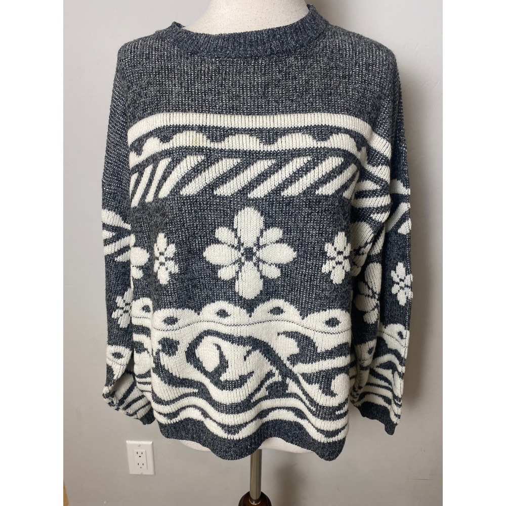 Vintage Traffic 90s Floral Intarsia Knit Sweater Gray White USA Crewneck S/M